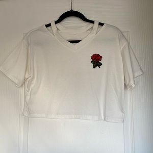 Cut Out Neck Rose Embroidered Patch Crop Tee